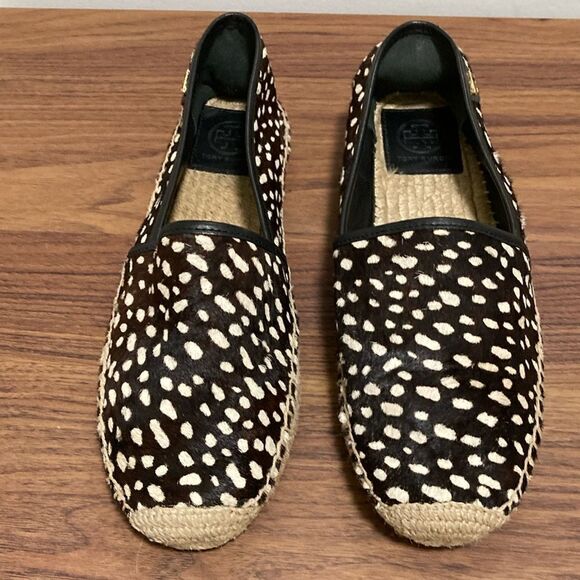 Tory Burch Black & White Pony Hair Espadrilles/Black Leather Trim. Size 10.5 M. - Picture 1 of 8